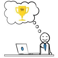 Stickman dreaming about winning and coming first with a trophy in a thought bubble, winning concept, isolated on a white background vector