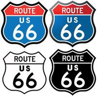 American road sign for the famous Route 66, in colour, gradient, black and white and white and black versions, isolated on a white background vector