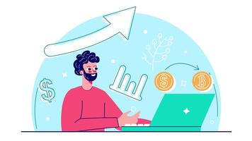 Cryptocurrency investment man working in the laptop, simple 2d animation cryptocurrency, bitcoin. video