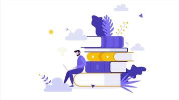 Digital cloud library 2d loop animation, a man sitting on books working on her laptop. video