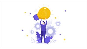 Employee generating innovation ideas at work 2D animation. Workplace Inspiration motion graphic. man presenting a lightbulb animated character cartoon flat concept, white background video