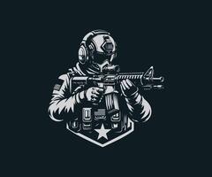 a soldier with a gun in his hand on a dark background vector