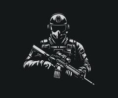 a soldier with a gun on a black background vector