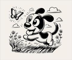 a cartoon dog running with a butterfly in the air vector