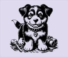 a black and white drawing of a puppy with tools vector