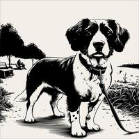 a black and white drawing of a dog with a leash vector