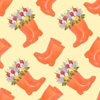 Spring seamless pattern with flowers in orange rubber boots. Yellow background. Seamless pattern is perfect for apparel, nursery, textile, wrapping paper, etc. vector