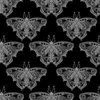 Seamless black and white butterfly pattern with intricate ornamental wing details. Hand-drawn design for creative and decorative use vector