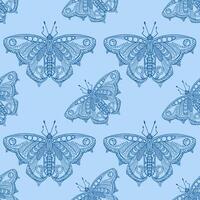 Seamless blue-blue butterfly pattern with intricate ornamental details on the wings. Hand drawn design for decorative and creative projects vector