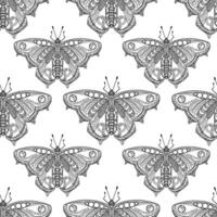 Seamless black and white pattern of butterflies with intricate ornamental details on their wings. Hand-drawn design for decorative and creative projects. vector