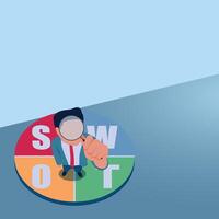 A man looking with magnify standing on swot. Illustration of swot analysis, strengths, weaknesses, opportunities, and threats. vector