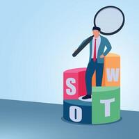 A man carrying a magnify stands on a swot pie chart. Illustration of swot analysis, strengths, weaknesses, opportunities, and threats. vector
