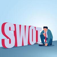 A man with magnify is next to the big word swot. Illustration of swot analysis, strengths, weaknesses, opportunities, and threats. vector