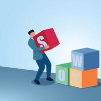 A man arranges boxes with the name swot. Illustration of swot analysis, strengths, weaknesses, opportunities, and threats. vector