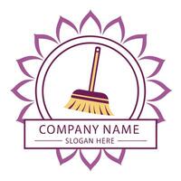 cleaning company logo template with broom and flower on a white background vector