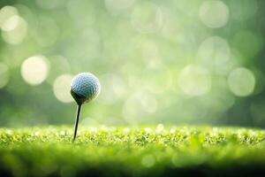 Golf club striking a ball on a tee amidst a blurred green landscape inviting space for your branding photo