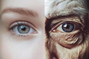 Contrast of youth and age captured through expressive eyes highlighting the beauty of life's journey photo