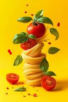 Swirling fresh basil and ripe tomatoes embrace a tower of pasta against a vibrant yellow backdrop for culinary creativity photo