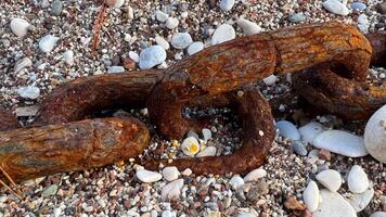 Close-up of large links of rusty chain on pebble beach after storm. High quality photos