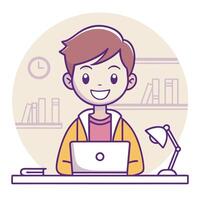 a man sitting at a desk with a laptop on a white background vector