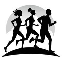 three people running in silhouette on a hill on a white background vector