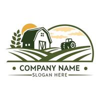 farm logo design template with tractor and field on a white background vector