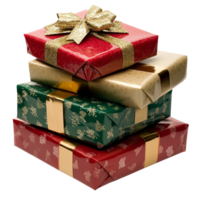 A stack of wrapped presents with a bow on top png