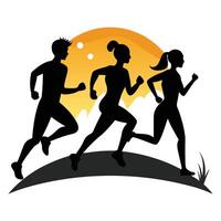 a silhouette of three people running in the sunset on a white background vector