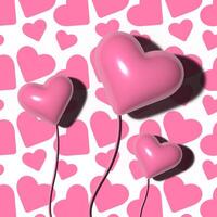Pink hearts with shadow on the background of a pattern with white hearts, 3D rendering illustration photo