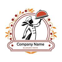 a chef holding a tray with a logo design on a white background vector