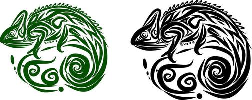 Creative silhouette illustration two chameleon design. Both illustrations are done in a tribal style, with intricate patterns and lines covering vector