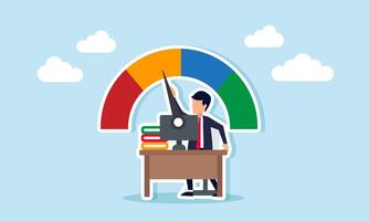 Businessman at a work desk trying to adjust the needle on a performance parameter, illustration of adjusting business performance to maximize work efficiency vector