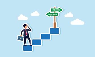 Businessman at the bottom of a staircase feel confused by a two way direction sign labeled OPPORTUNITY, illustration of confusion in choose business opportunities and chances vector