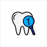 A tooth with a magnifying glass and a broken tooth vector