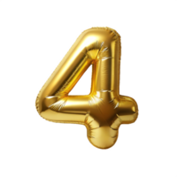 golden balloon in the shape of number four is isolated on transparent background png