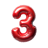 3d red balloon in the shape of number three is isolated on transparent background png