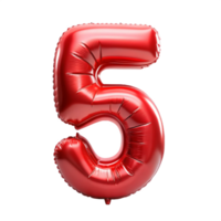 3d red balloon in the shape of number five is isolated on transparent background png