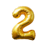 3d golden balloon in the shape of number two is isolated on transparent background png