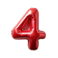 3d red balloon in the shape of number four is isolated on transparent background png