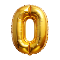 3d golden balloon in the shape of number zero is isolated on transparent background png