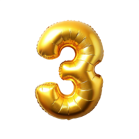 3d golden balloon in the shape of number three is isolated on transparent background png