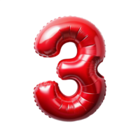red balloon in the shape of number three is isolated on transparent background png