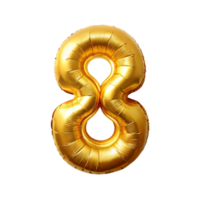 3d golden balloon in the shape of number eight is isolated on transparent background png