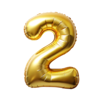 golden balloon in the shape of number two is isolated on transparent background png