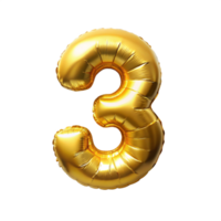 golden balloon in the shape of number three is isolated on transparent background png
