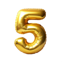 golden balloon in the shape of number five is isolated on transparent background png
