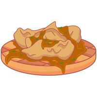 A plate with meat and gravy on it vector