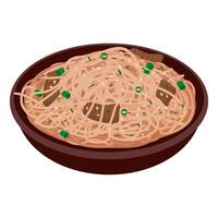 A bowl of spaghetti with meat and green onions vector