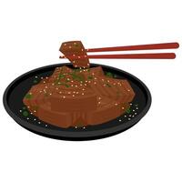 A plate with meat and chopsticks on it vector