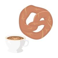 A pretzel and a cup of coffee on a white background vector